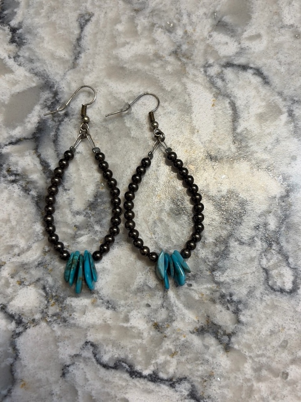 Turquoise Drop Bead Earrings with Hematite Accents